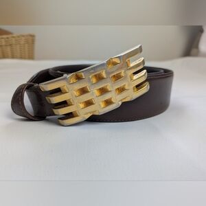VINTAGE Brown Leather Men Belt Cofresi Size 36 Gold Buckle